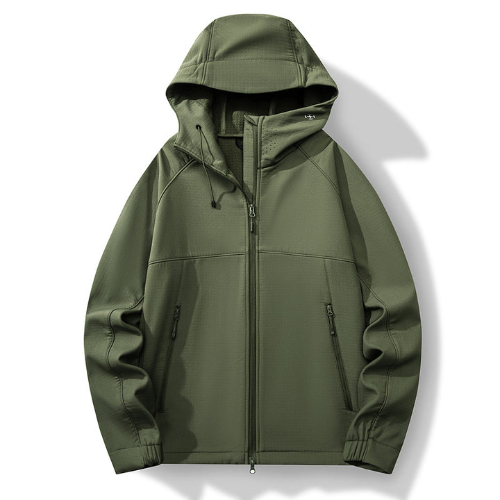 Herren Atmungsaktive Softshell-Hybridjacke mit Kapuze, Fleece-Innenfutter und Zwei-Wege-Reißverschluss Drune