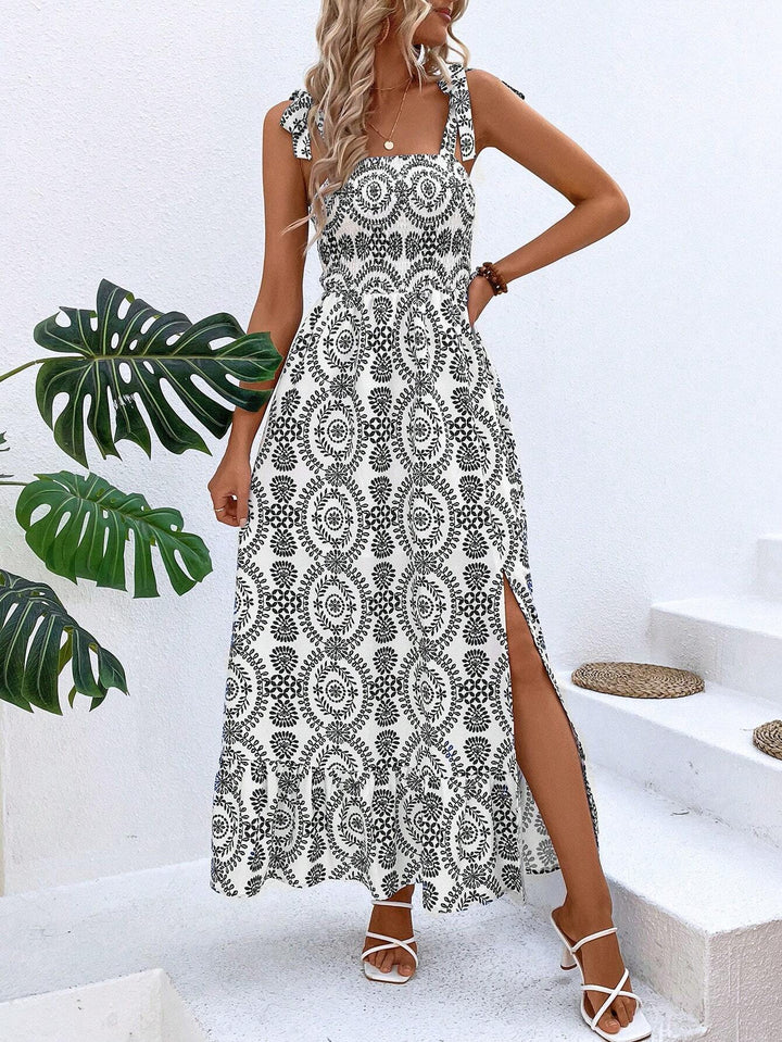 Damen Maxikleid mit Smok-Bustier, Bindeträgern und seitlichem Beinschlitz Drune