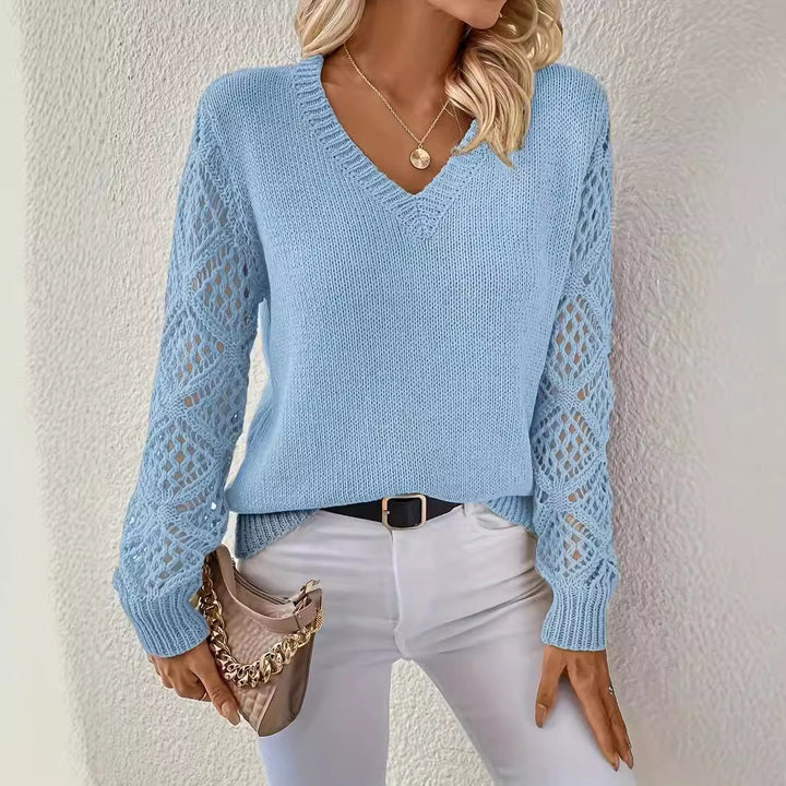 Damen Eleganter Strickpullover mit V-Ausschnitt und gehäkelten Ärmeln Drune