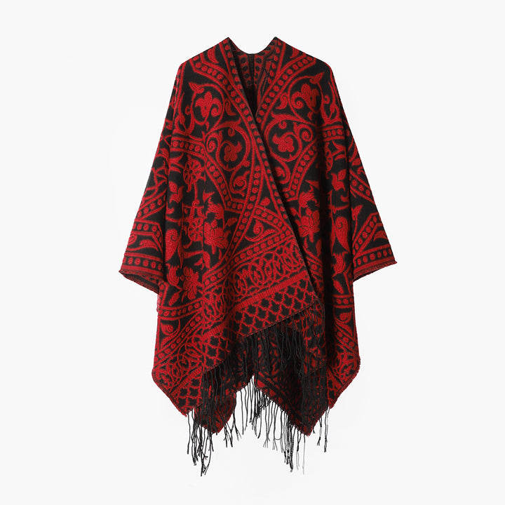 Damen Jacquard-Cape-Überwurf aus Wollmix mit Paisley-Jacquard und Fransensaum Drune