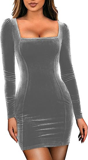 Damen Figurbetontes Samt-Minikleid mit quadratischem Ausschnitt und leichten Puffärmeln Drune