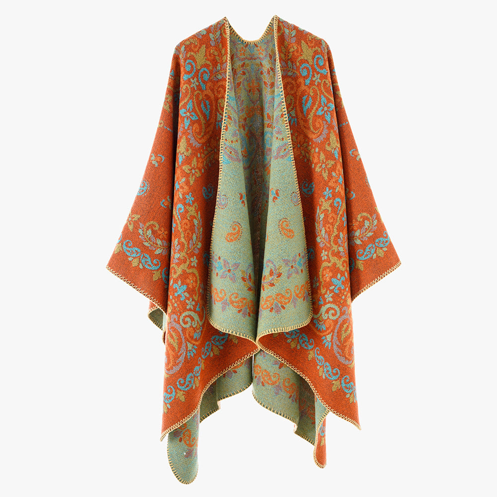 Damen Reversibler Ornamentaler Capeponcho mit feiner Jacquardstruktur Drune
