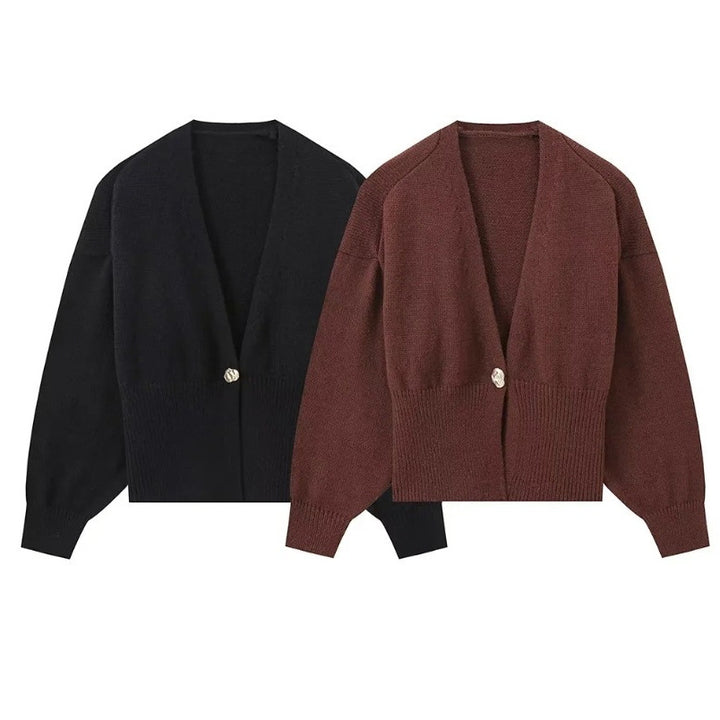 Damen elegante Strickjacke mit tiefem V-Ausschnitt und Knopfdetail Drune
