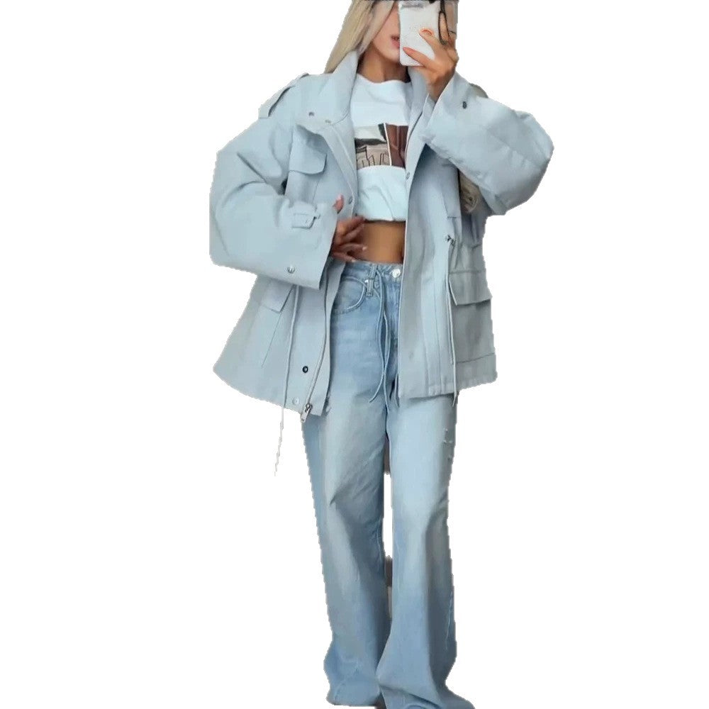 Damen Oversize Utility-Jacke mit Tunnelzugtaillierung, hohem Stehkragen und Pattentaschen Drune