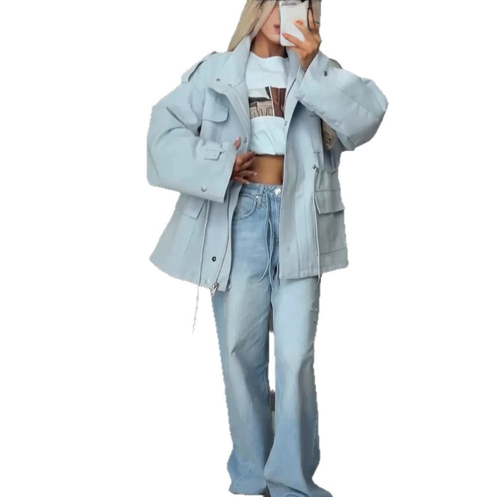 Damen Oversize Utility-Jacke mit Tunnelzugtaillierung, hohem Stehkragen und Pattentaschen Drune