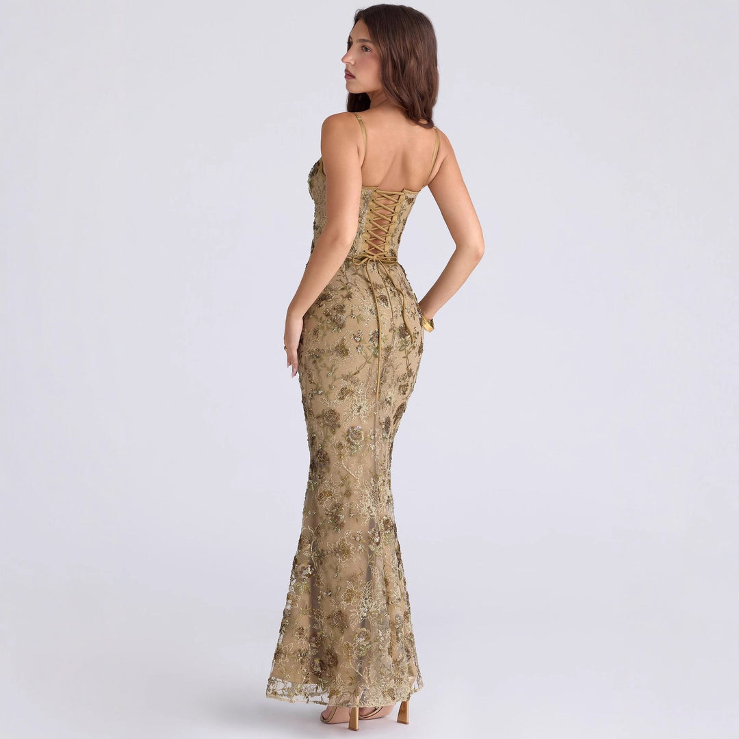 Damen nan elegantes besticktes Abendkleid mit Korsettoberteil und transparentem Spitzenüberzug Drune