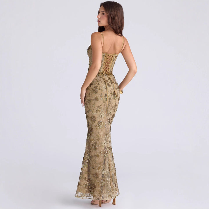 Damen nan elegantes besticktes Abendkleid mit Korsettoberteil und transparentem Spitzenüberzug Drune
