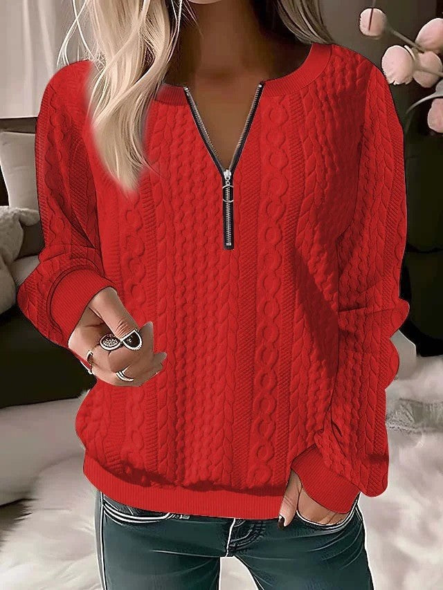 Damen Strukturierte Zopfmuster Sweatshirt mit Halbreißverschluss und Rippbündchen Drune