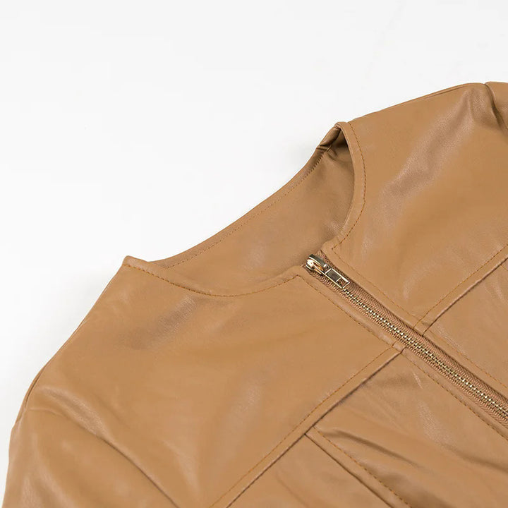 Damen nan leichte vegane Lederjacke mit Rundhalsausschnitt, tailliertem Schnitt und durchgehendem Reißverschluss Drune