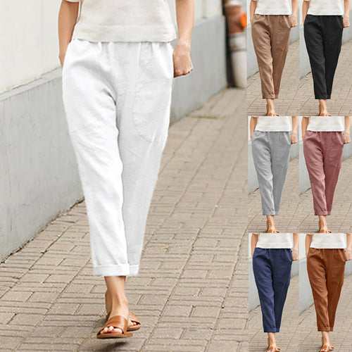 Damen nan leichte Leinenhose mit elastischem Bund, seitlichen Eingrifftaschen und gekrempeltem Saum Drune