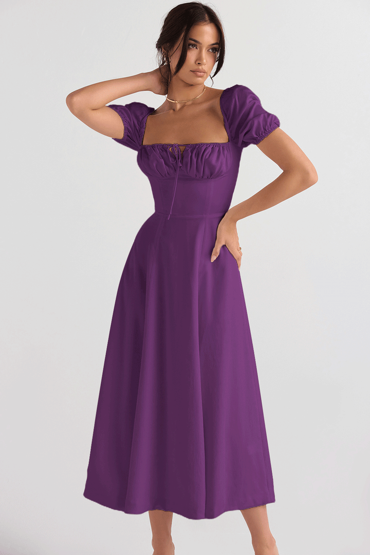Damen Midi-Kleid mit gerafftem Oberkörper und ausgestelltem Rock Drune