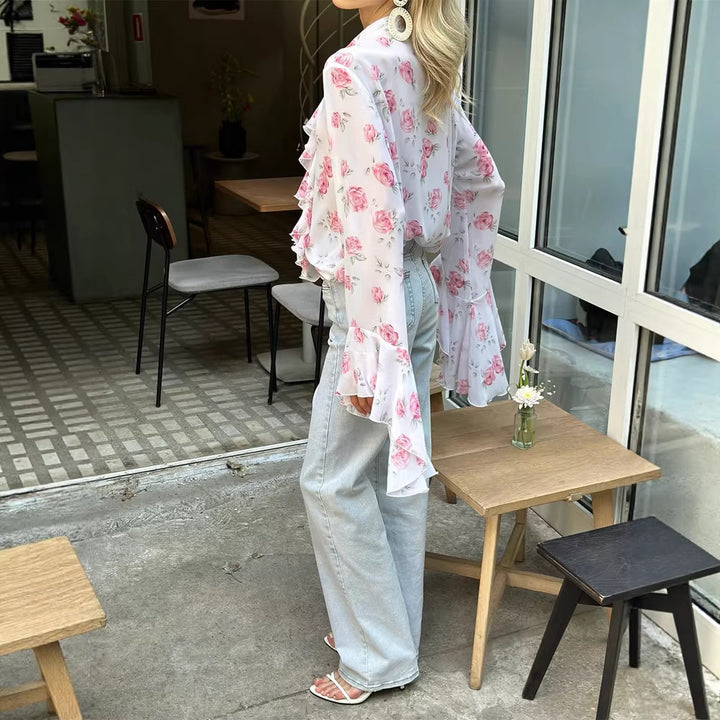 Damen Chiffon-Bluse mit Rosendruck, Volantstufen und Glockenärmeln Drune