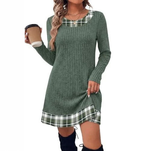 Damen Gerippte Longshirt‑Kleid mit Karierter Saum‑ und Ausschnittblende Drune