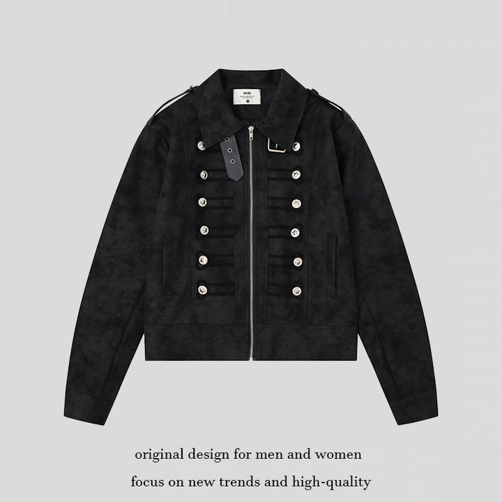 Damen Militärisch inspirierte kurze Jacke mit Reißverschluss, dekorativen Knopfleisten und Schulterklappen Drune