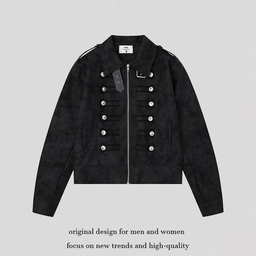Damen Militärisch inspirierte kurze Jacke mit Reißverschluss, dekorativen Knopfleisten und Schulterklappen Drune
