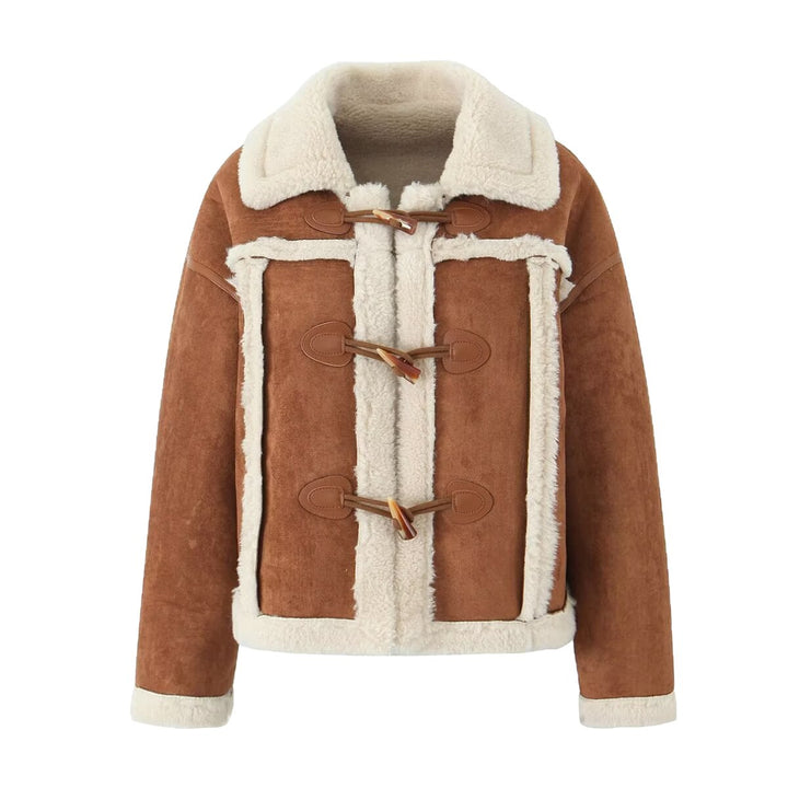 Damen Kurze Lammfelloptik-Jacke im Shearling-Look mit Knebelverschluss und Kontrastbesatz Drune
