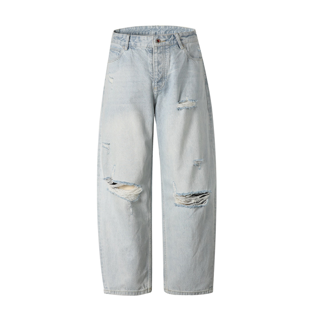 Damen High‑Waist Relaxed‑Straight Jeans mit Destroy‑Effekt und weitem Bein Drune