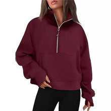 Damen nan weit geschnittenes Kurzpullover mit Stehkragen, halbem Reißverschluss und Kängurutasche Drune