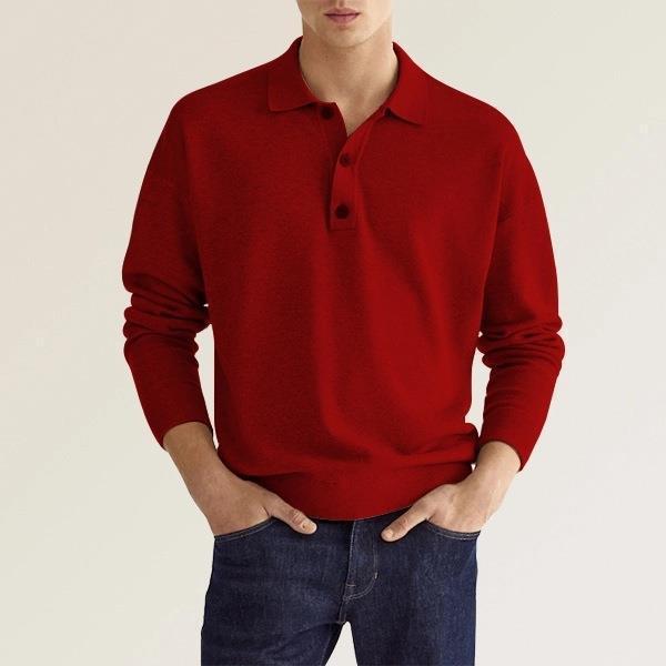 Herren Feinstrick-Polo-Sweater mit langen Ärmeln, gerippten Bündchen und subtiler Knopfleiste EB