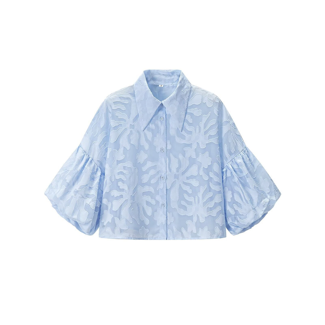 Damen Transparente Organza-Bluse mit weitem Schnitt, Volumenärmeln und Hemdkragen Drune