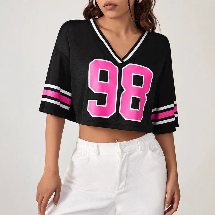 Damen Crop-Top mit sportivem V-Ausschnitt und grafischem Druck Drune