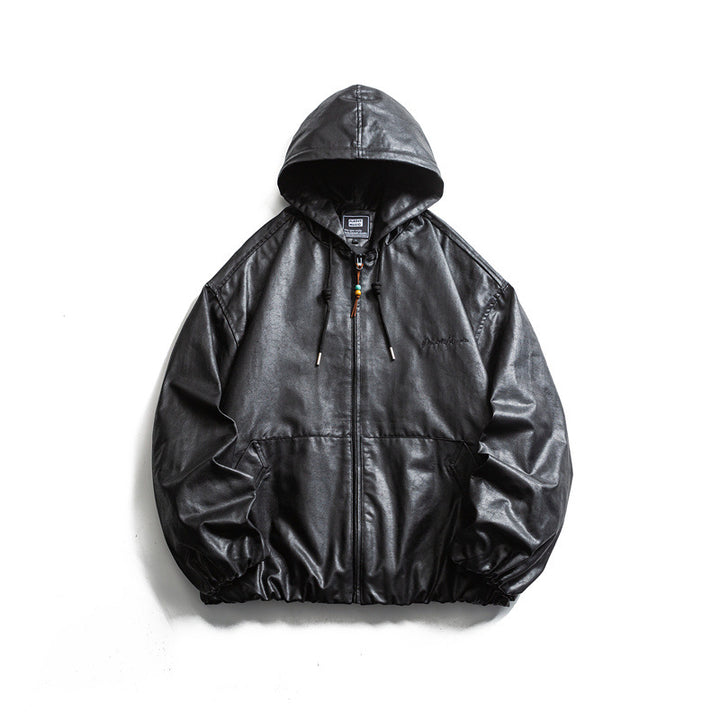 Herren Kurz geschnittene Kunstleder-Kapuzenjacke im Boxy‑Cut mit elastischem Saum und Kängurutaschen Drune