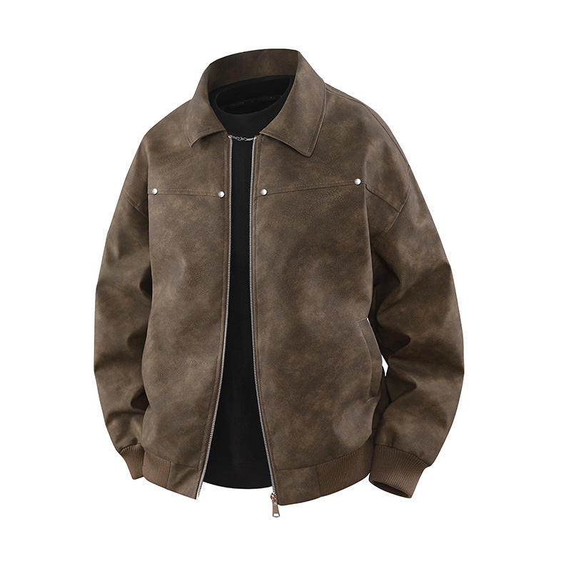 Herren Vintage-inspirierte Veloursleder-Optik Bomberjacke mit Hemdkragen & Rippbund Drune