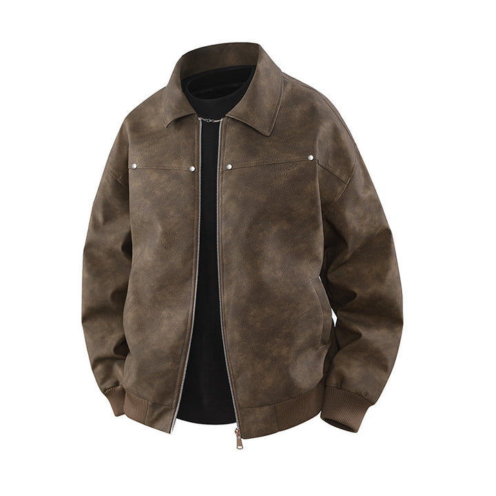 Herren Vintage-inspirierte Veloursleder-Optik Bomberjacke mit Hemdkragen & Rippbund Drune