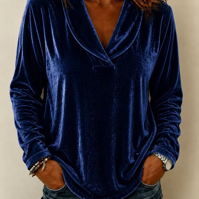 Damen Samt-Longsleeve mit tiefem V-Ausschnitt und lässigem Saum Drune