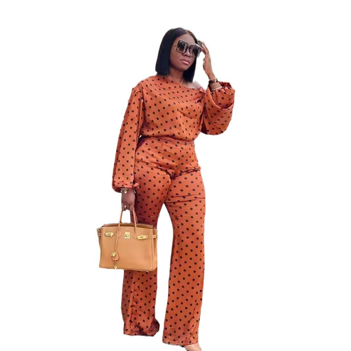 Damen Elegantes Zweiteiliges Polka Dot Set mit weitem Schnitt und langen Ärmeln Drune