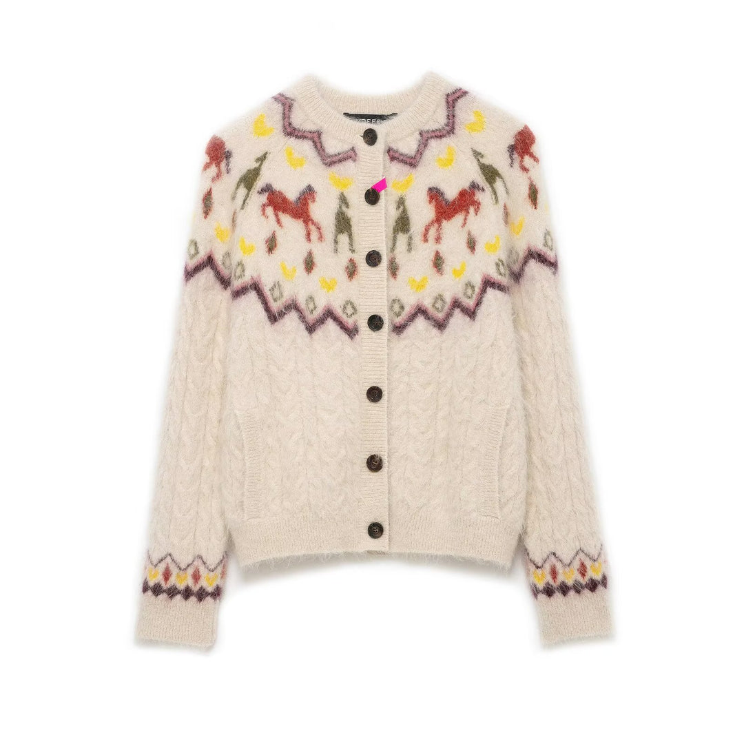 Damen 10+ gemusterte Mohair‑Cardigan mit Norweger‑Motiv, Zopfmuster und Knopfleiste Drune