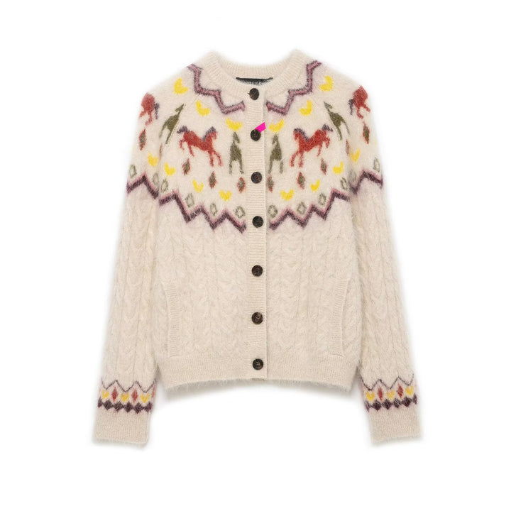 Damen 10+ gemusterte Mohair‑Cardigan mit Norweger‑Motiv, Zopfmuster und Knopfleiste Drune