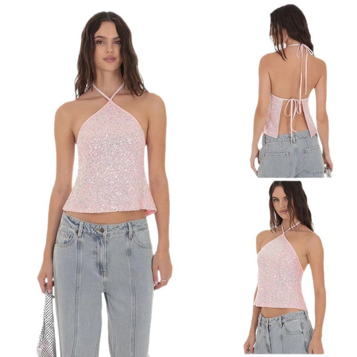 Damen Glitzerndes Crop-Top mit schmalen Trägern und asymmetrischem Design Drune