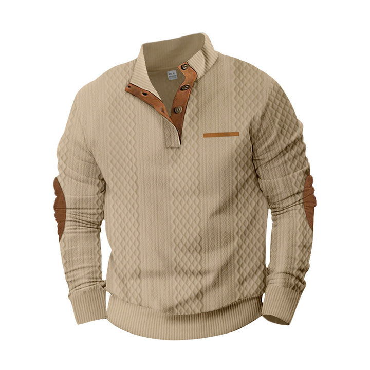 Herren nan strukturierter Stehkragen-Pullover mit halber Knopfleiste und Ellbogen-Patches Drune