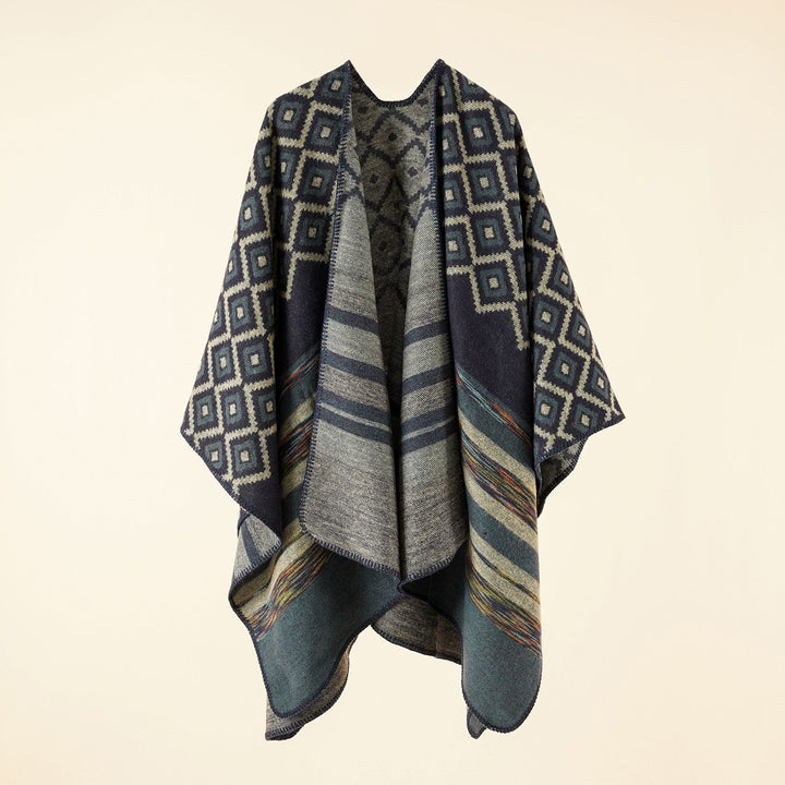 Damen Wende-Serape-Poncho im Jacquard‑Web mit geometrischem Quadratmuster Drune