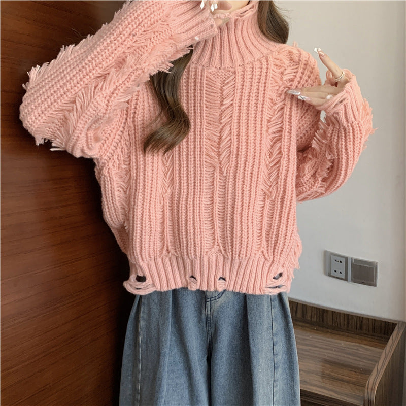 Damen Grobstrickpullover mit hohem Kragen und modernen Fransen Drune