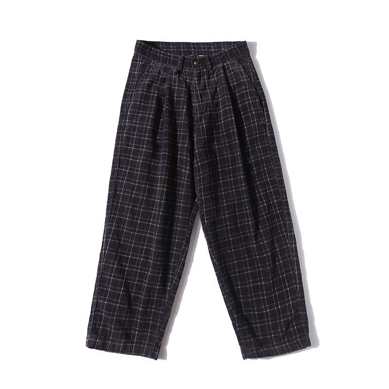 Herren Weite Cordhose mit Falten, Cropped‑Schnitt und Karomuster Drune