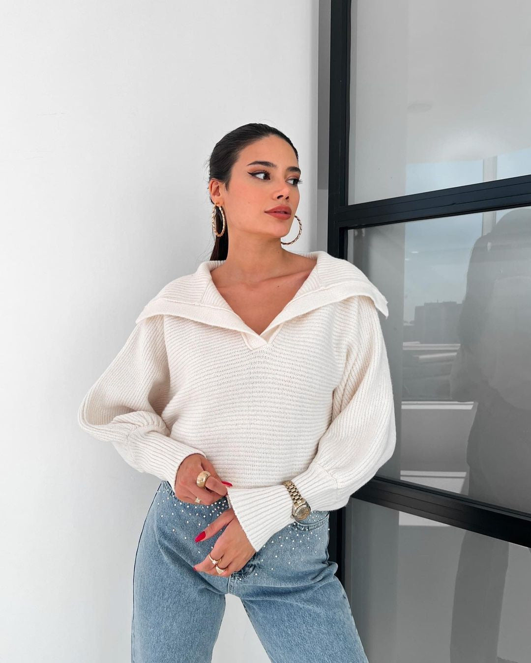Damen Oversize Rippsweater mit Reverskragen und tiefem V‑Ausschnitt Drune