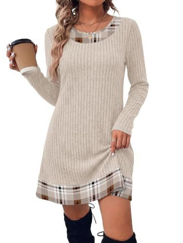 Damen Gerippte Longshirt‑Kleid mit Karierter Saum‑ und Ausschnittblende Drune