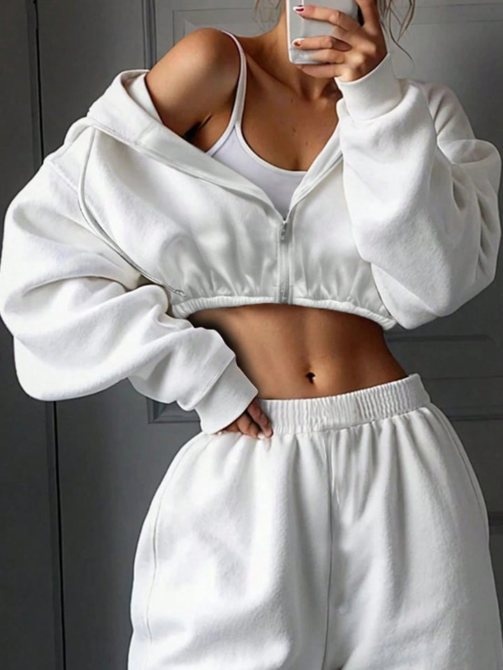 Damen athletisches Cropped-Zip-Hoodie und weite High-Waist Lounge-Jogginghose Drune