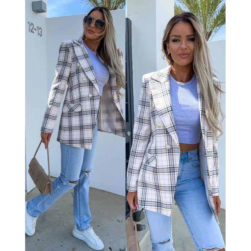 Damen Karierter Blazer mit doppelter Knopfreihe und eleganten Details Drune