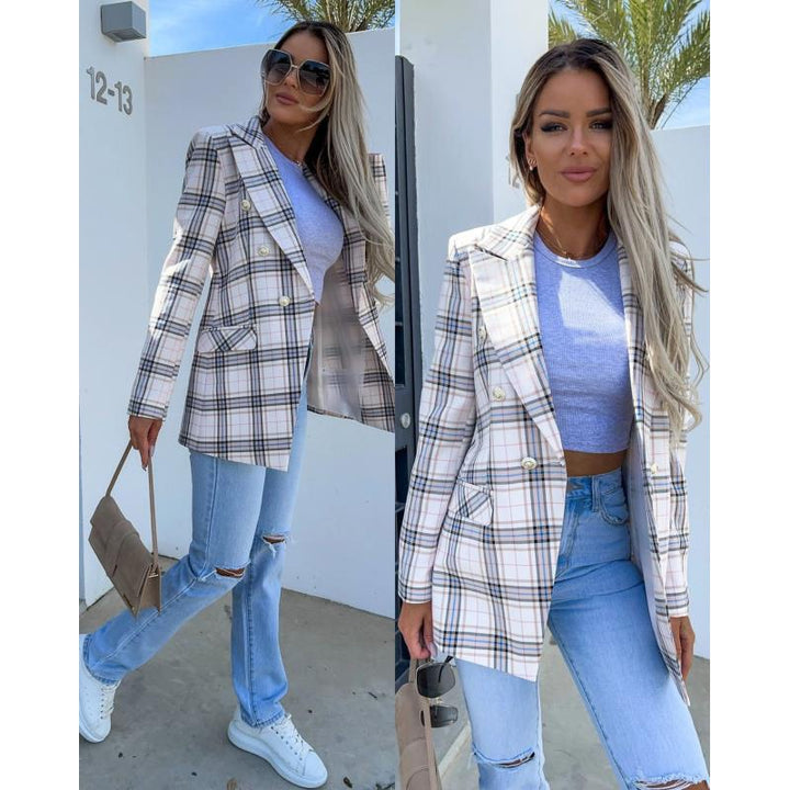 Damen Karierter Blazer mit doppelter Knopfreihe und eleganten Details Drune