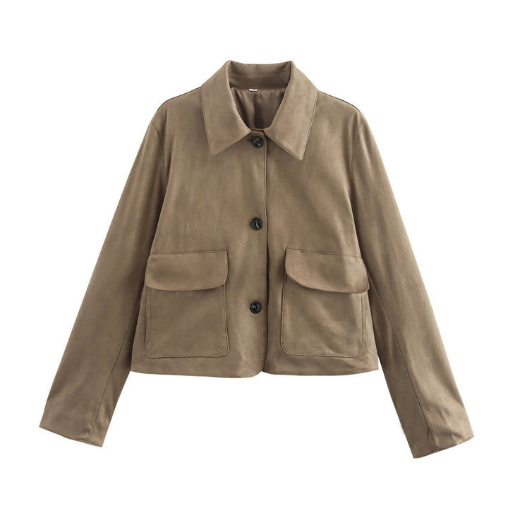 Damen elegante Kurzjacke aus weichem Kunstleder mit aufgesetzten Taschen Drune