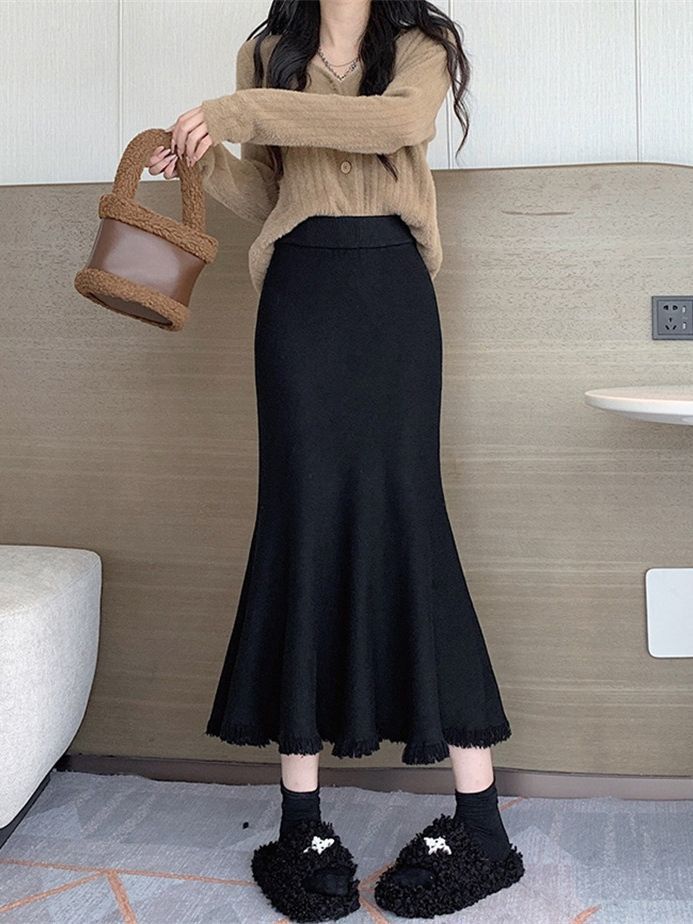 Damen Eleganter Maxirock mit voluminösem Saum und fransigen Details Drune