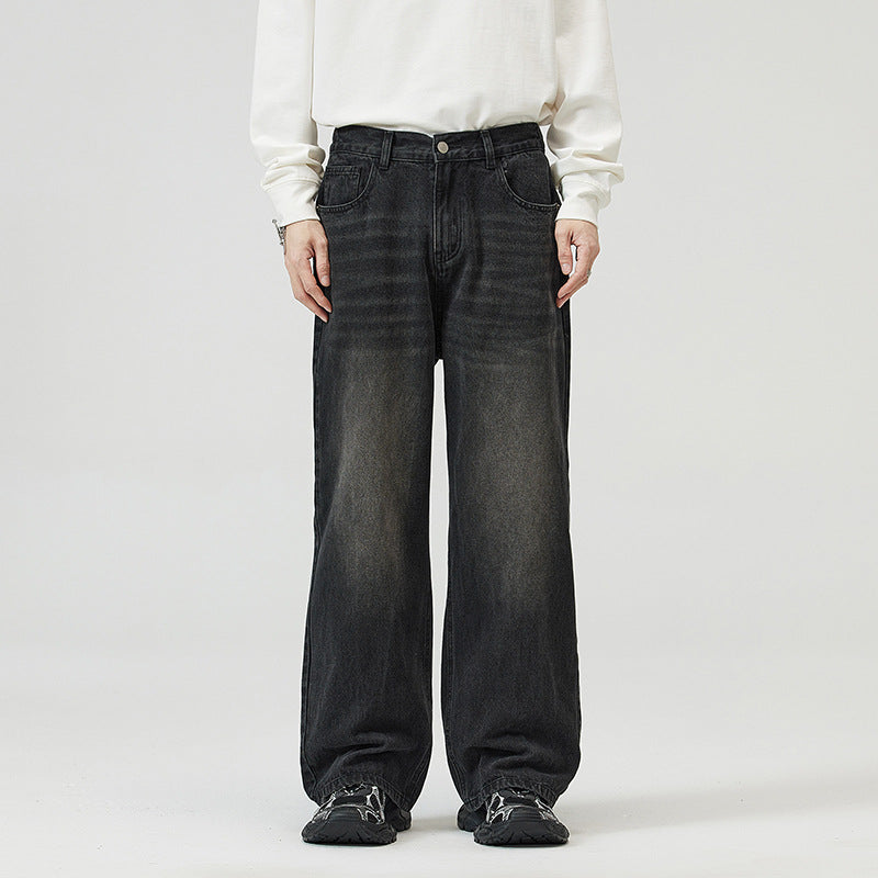 Herren Weite Relaxed-Jeans mit hohem Bund Used-Waschung und geradem Bein Drune