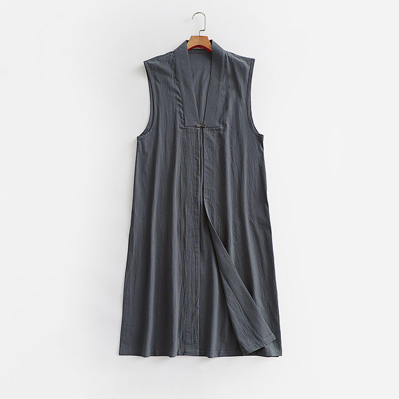 Damen Langer ärmelloser Kimono-Weste aus Leinenmix mit schmaler Schalkante und dekorativem Knebelverschluss Drune