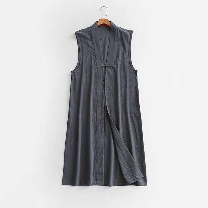 Damen Langer ärmelloser Kimono-Weste aus Leinenmix mit schmaler Schalkante und dekorativem Knebelverschluss Drune