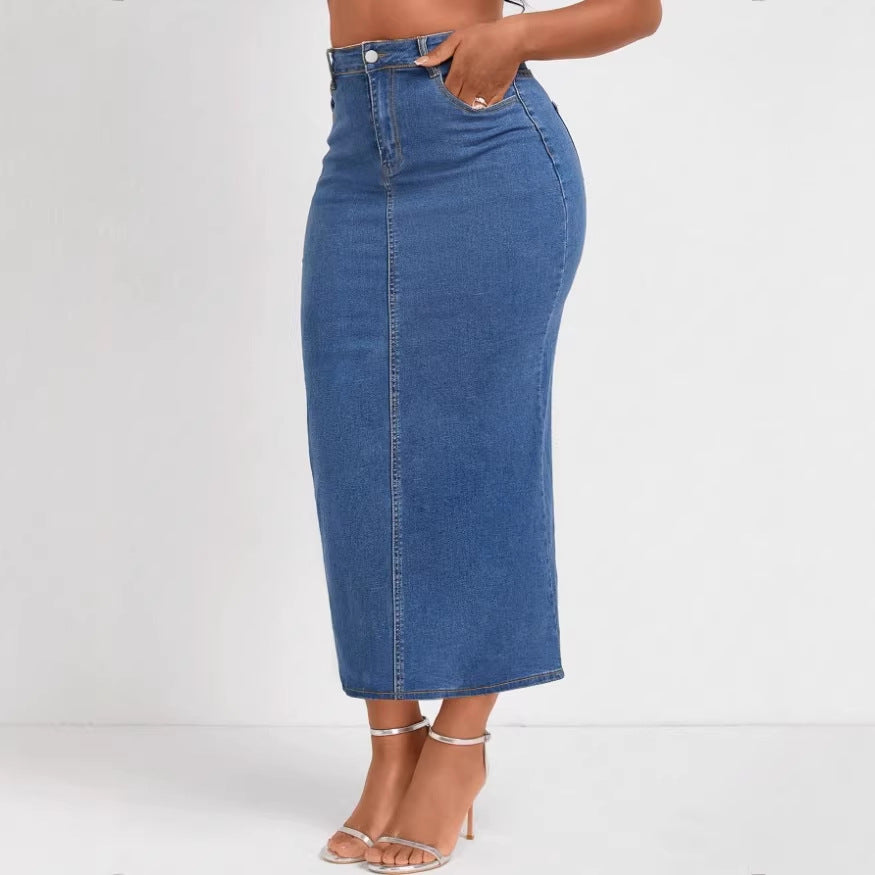 Damen Taillenhoher Stretch-Denim-Midirock mit sichtbarer Mittelnaht und Five-Pocket-Design Drune