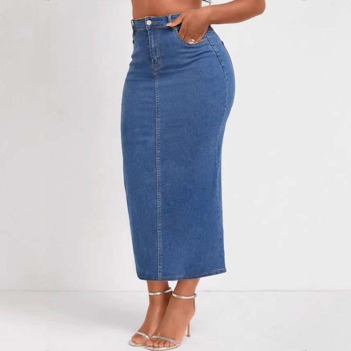 Damen Taillenhoher Stretch-Denim-Midirock mit sichtbarer Mittelnaht und Five-Pocket-Design Drune