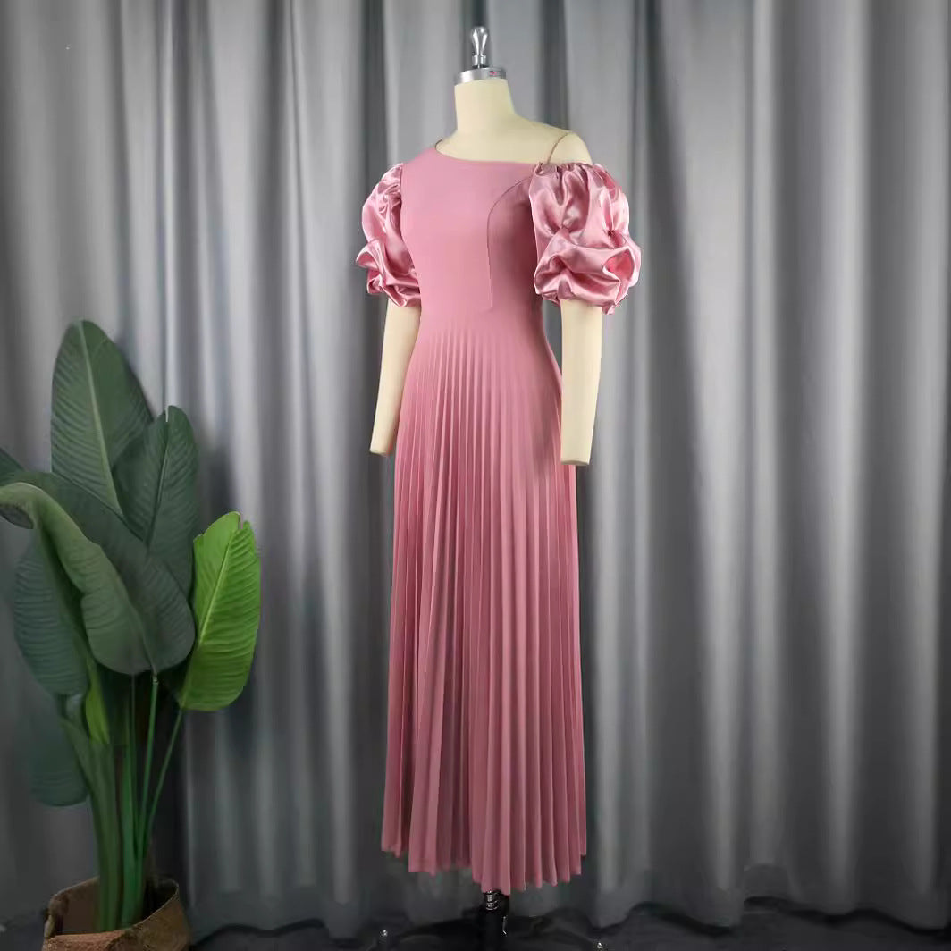 Damen elegantes Maxikleid mit asymmetrischem Schnitt und voluminösen Puffärmeln Drune